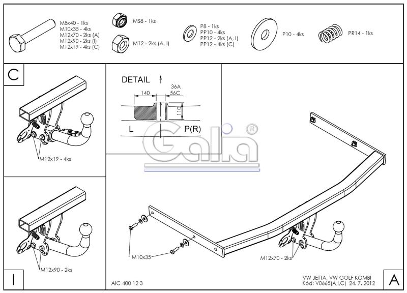 Ťažné zariadenie VW Golf Variant (kombi) 2009-2013 (VI), bajonet, Galia