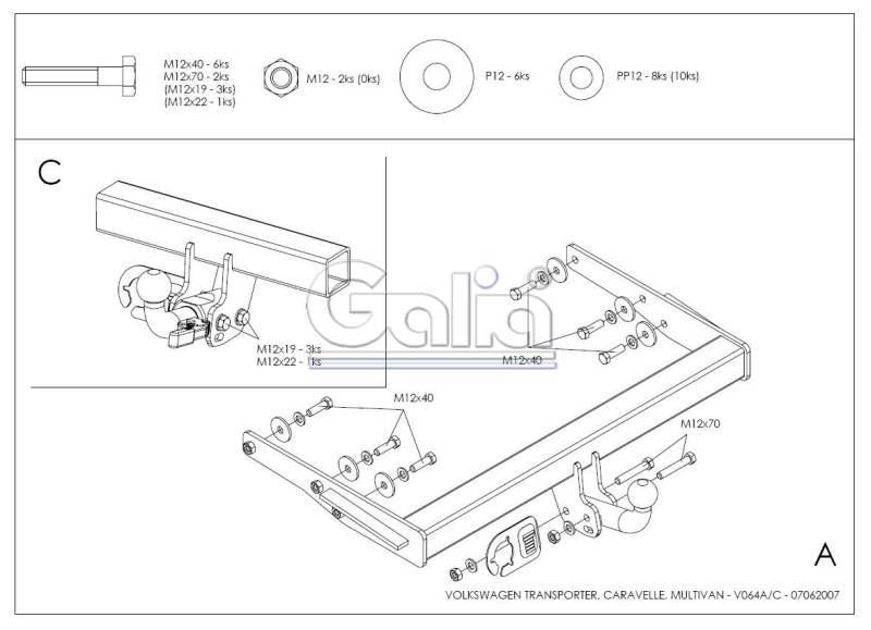 Tažné zařízení Volkswagen Transporter/Multivan 2003-2009 (T5) , pevný čep 2 šrouby, Galia